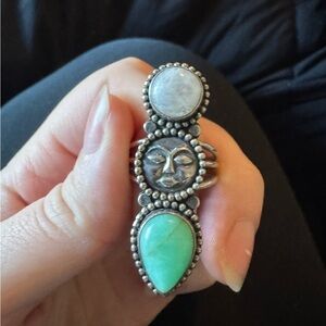 Silver Moon Face Ring with White and Turquoise Stones